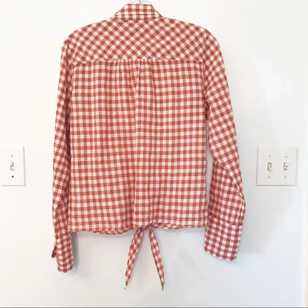 J.Crew Tie-Front Gingham Stretch Cotton Shirt Brick Rust Red Long Sleeve Size 10